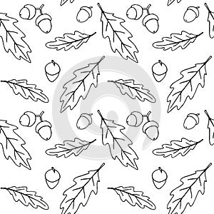 Seamless pattern with falling oak leaves, acorns. Vector autumn texture isolated on white background, hand drawn in sketch style,