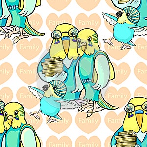 Seamless pattern Family of wavy parrots mom, dad and baby. vector illustration