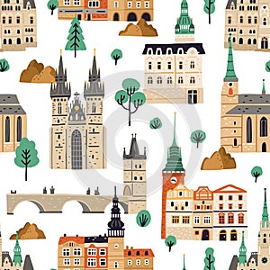 Seamless pattern with famous Czech buildings on white background. Endless repeatable texture with Prague architecture