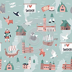 Seamless pattern with famous symbols and landmarks of Sweden.