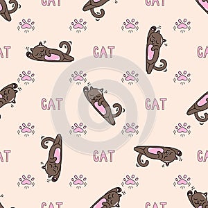 Seamless pattern with fanny little cats, text and cats paws  image background