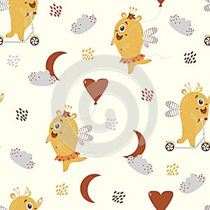 Seamless pattern with fantastic monsters. Cute couple of yellow monsters on a scooter - a girl and a boy with wings and