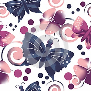 seamless pattern with fantasy butterfly, deep purple and blue color, flower and swirl on the white background.