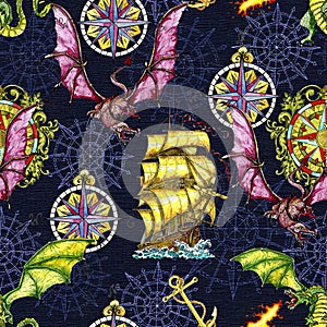 Seamless pattern with fantasy dragon, old sailboat, anchor and decorated compass