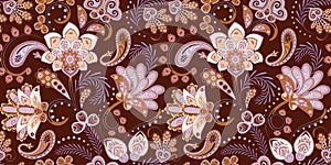 Seamless pattern with fantasy flowers, natural wallpaper, floral decoration curl illustration. Paisley print hand drawn