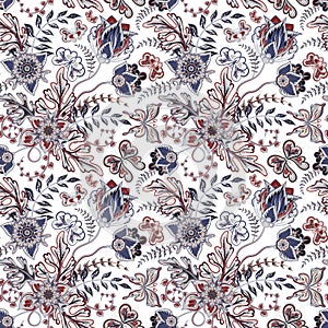 Seamless pattern with fantasy flowers, natural wallpaper, floral decoration curl illustration. Paisley print hand drawn