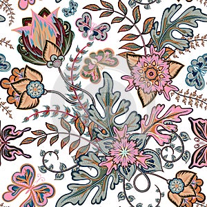 Seamless pattern with fantasy flowers, natural wallpaper, floral decoration curl illustration. Paisley print hand drawn