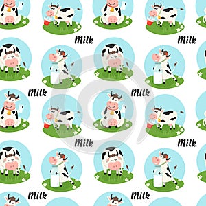 Seamless pattern with farm cows and milk bottle