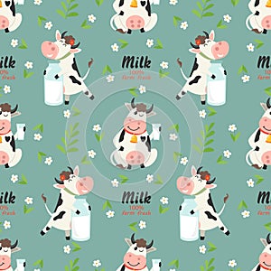 Seamless pattern with farm cows and milk bottle