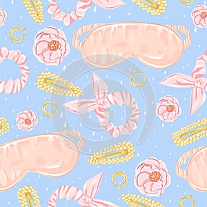 Seamless pattern with fashion accessories and flowers. Background for teenage girls or women.