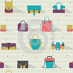 Seamless pattern with fashion bags in various shapes and sizes. Geometric illustration, based on white stripes and shadows