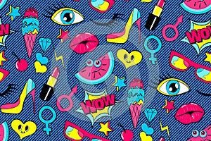 Seamless pattern of fashion patch badges. lips, kiss, speech bubble, star, ice cream, lipstick, eye. Vector over denim ba