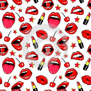 Seamless pattern with fashion patch badges with lips, kissing, open mouth, hearts, tongue, stars. Vector background with