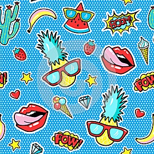 Seamless pattern with fashion patch badges with pineapple, lips, hearts, speech bubbles.