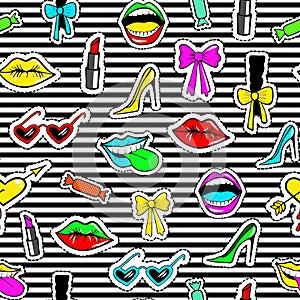 Seamless pattern with fashion patch badges with shoe, lipstick, bow, glasses and other elements.Vector background