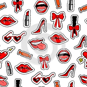 Seamless pattern with fashion patch badges shoe, lipstick, bow, glasses and other elements.Vector background stickers