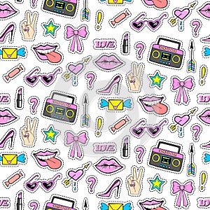 Seamless pattern with fashion patch badges with shoes, tape, lips, lipstick