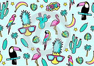 Seamless pattern with fashion patch badges with toucan, flamingo, parrot, exotic leaves, hearts, stars, speech bubbles, pineapple. photo