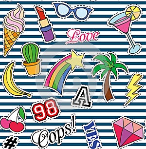 Seamless pattern with Fashion patches. stickers, pins and handwritten notes collection in cartoon 80s-90s comic style photo