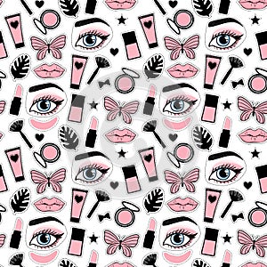 Seamless pattern fashion style.Beauty makeup cosmetic bottles hand drawing. Vector illustration is isolated on a white background.