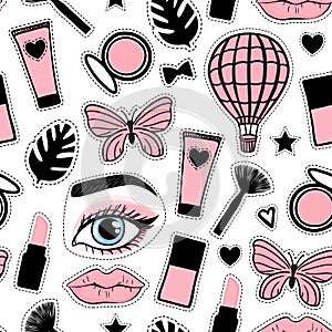 Seamless pattern fashion style. Makeup and cosmetics stickers hand drawing. Vector illustration is isolated on a white background.