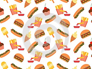 Seamless pattern with fast food. Burgers, fries, hot dogs hand drawn. vector illustration for wallpaper, wrapping paper