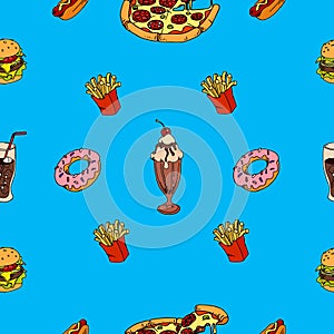 Seamless pattern of fast food, pizza, hot dog, french fries for your menu