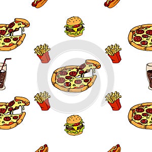 Seamless pattern of fast food, pizza, hot dog, french fries for your menu