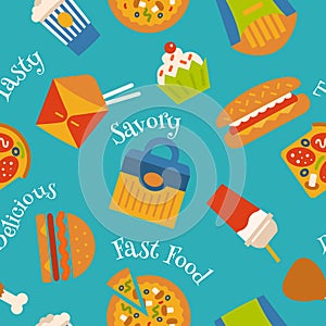 Seamless pattern with fast food symbols. Menu background