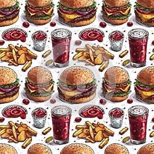Seamless pattern fast food vector style hamburgers