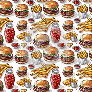 Seamless pattern fast food vector style hamburgers