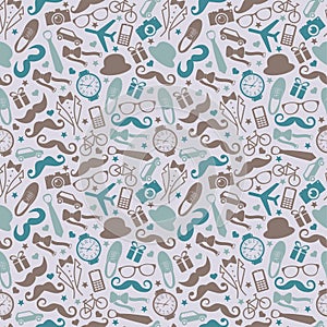 Seamless pattern of Fathers day. Flat set icons on grey background.