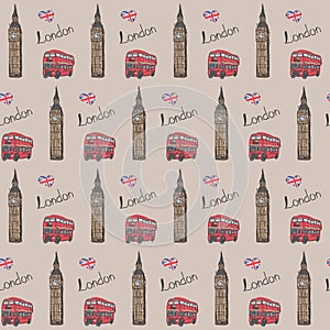 Seamless pattern `Favorite London`. With the image of BigBen, a red double-decker bus and the flag of England. Vector illustration