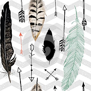 Seamless pattern with feather and arrows. Chevron