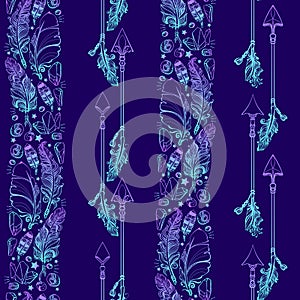 Seamless pattern with feather, arrows and crystals gems. Vector.