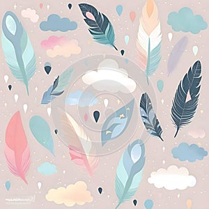 Seamless pattern with feathers and clouds in pastel colors