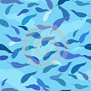 Seamless pattern with feathers on lihgt blue background