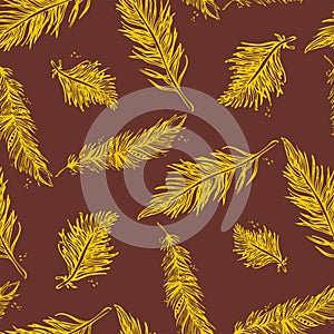 Seamless Pattern with Feathers yellow on a brown background.