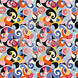 Seamless 1980s Chintz Pattern with Pastels, Pop Colors, and Geometric Shapes for Clothing, Home, and Accessories photo
