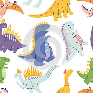 Seamless Pattern Featuring Adorable Cartoon Dinosaurs In Vibrant Colors, Perfect For Adding Playful Charm