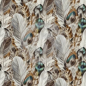 A seamless pattern featuring an array of intricately detailed feathers in a variety of