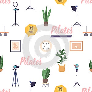 Seamless Pattern Featuring Blogging Equipment. Cameras, Smartphones, And Light, Combined With Fitness And Pilates