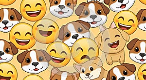 Emoji and Dog Faces Fun Seamless Pattern
