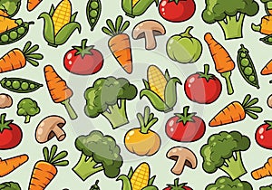 A seamless pattern featuring cartoon-style vegetables on a light background