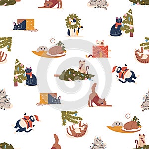 Seamless Pattern Featuring Christmas Cats, Wearing Santa Hats, And Playing With Ornaments, Vector Illustration