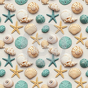 A collection of seashells, starfish, and sand dollars on a sandy