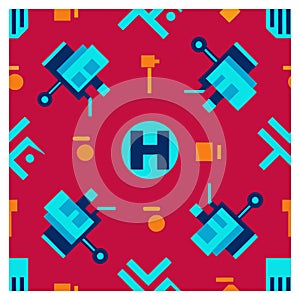 Seamless pattern featuring colorful robots and mechanical elements on a red background