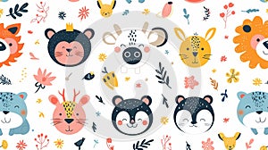 A seamless pattern featuring cute animal faces and floral elements