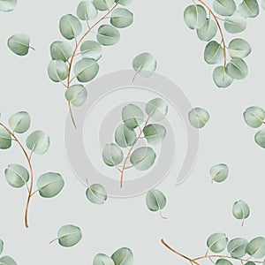 Seamless pattern featuring delicate watercolor eucalyptus branches on a light green backdrop. for wallpaper, fabric design,