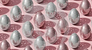 Disco Ball Easter Eggs Pattern on Pink Background